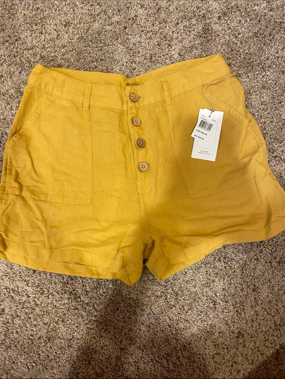 Rip Curl High-Waist Button Front Shorts in Mustard